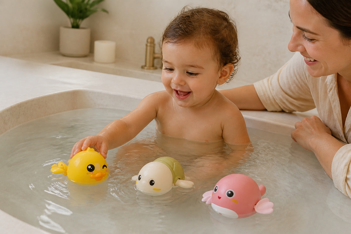 Toddler watching colorful wind-up animal toys swim during a supervised bath