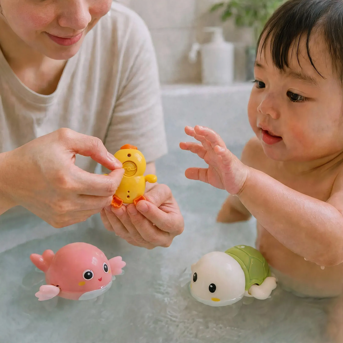 Parent showing a toddler how to wind a yellow duck bath toy