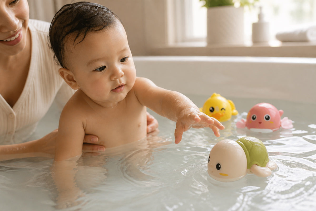 Toddler reaching for a floating turtle bath toy while a parent supervises