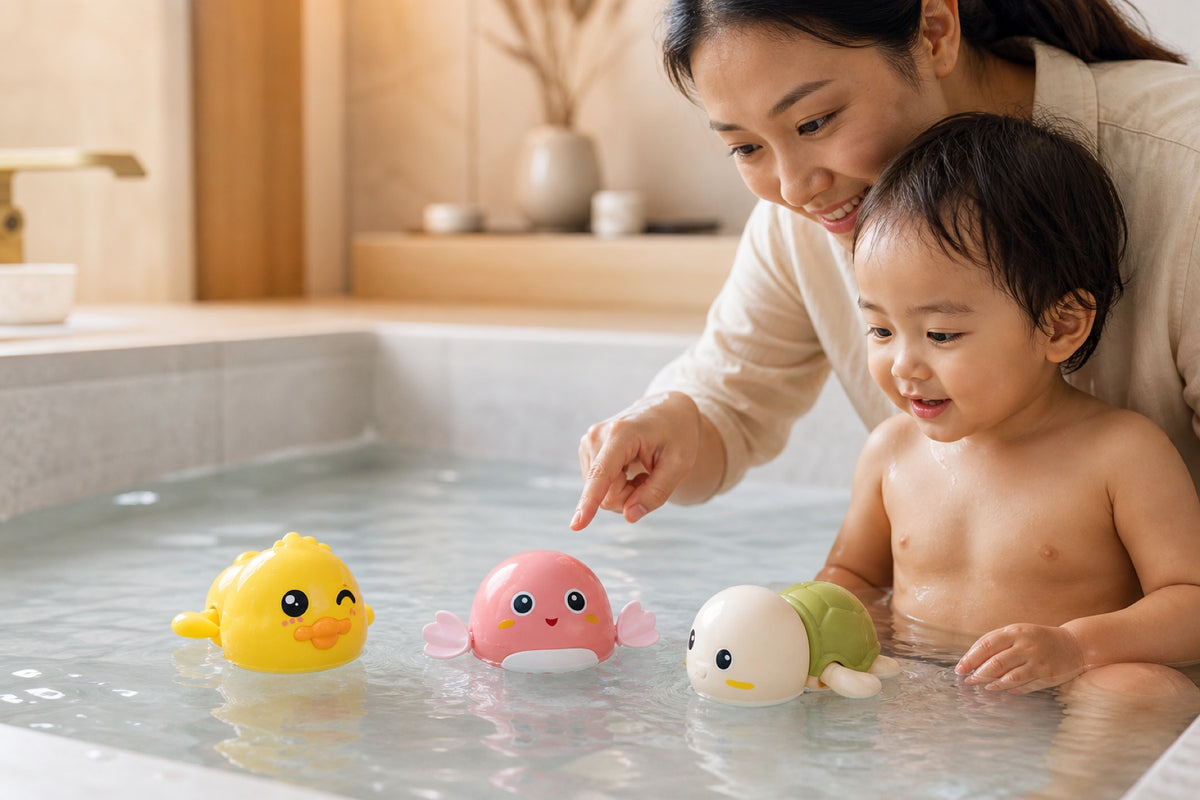 Parent and toddler playing together with colorful animal bath toys