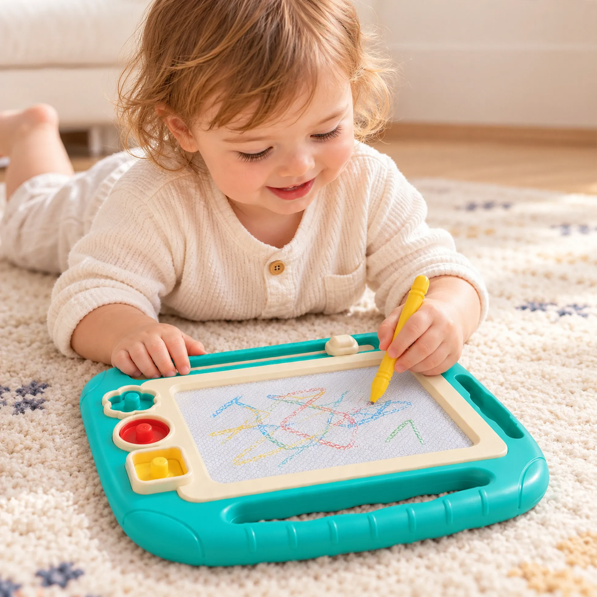 Toddler drawing colorful lines on a magnetic drawing board during floor play