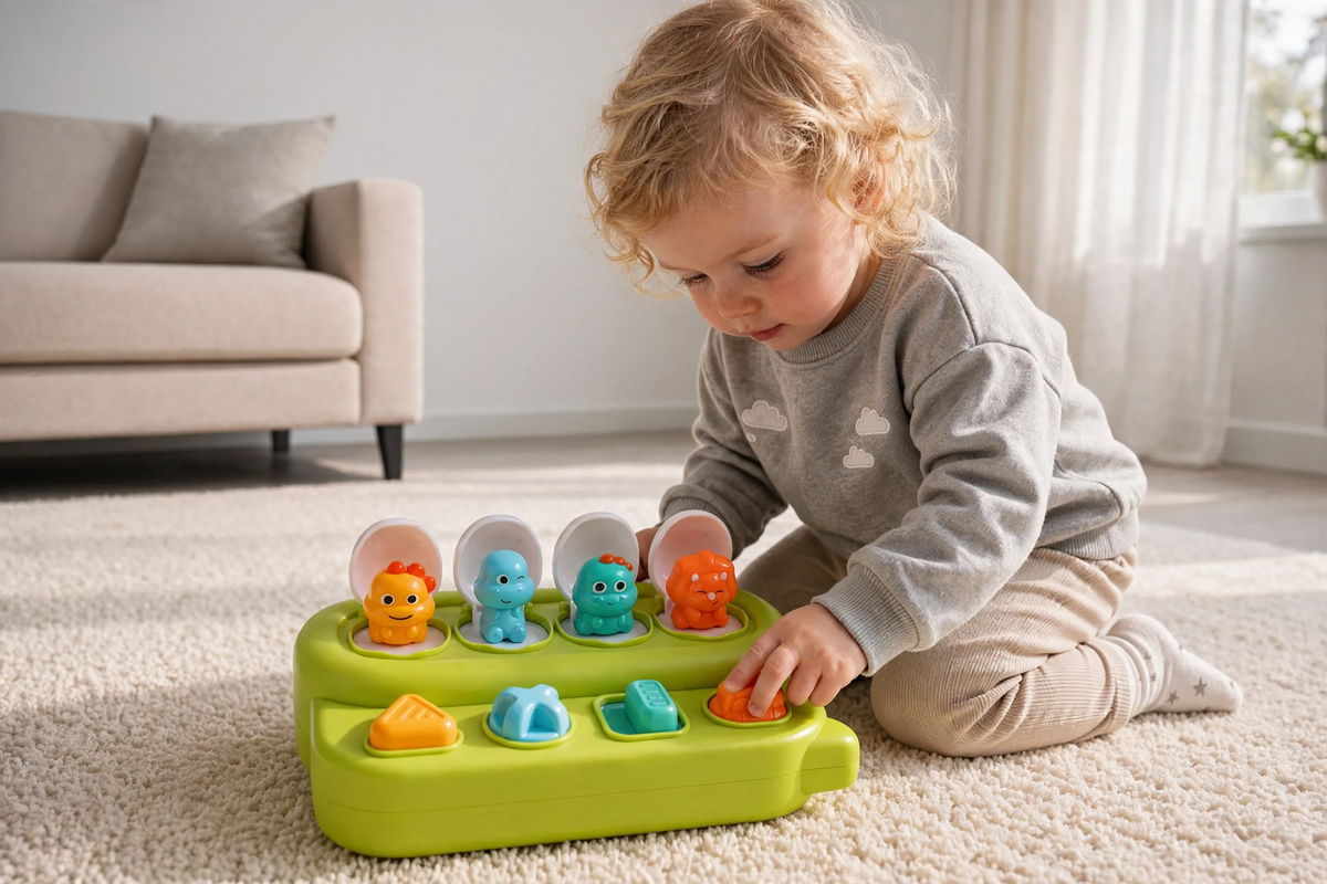 Toddler playing dinosaurs pop-up toys 