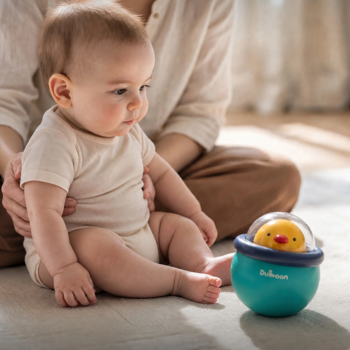 Baby watching wobble toy wobble