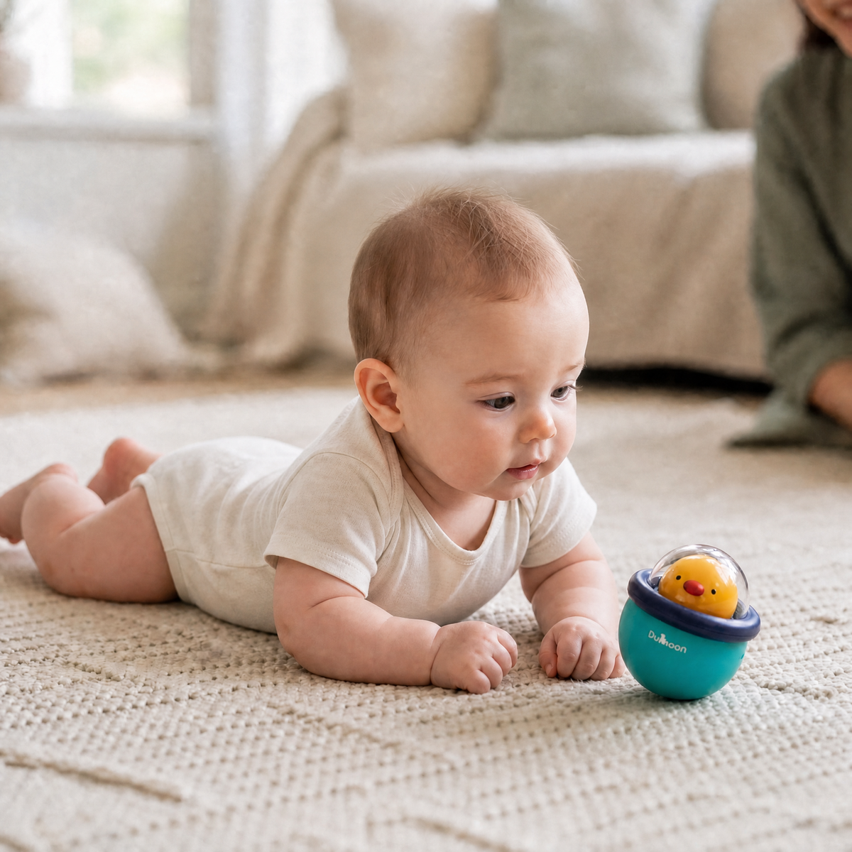 Baby looking at wobble toy during tummy time