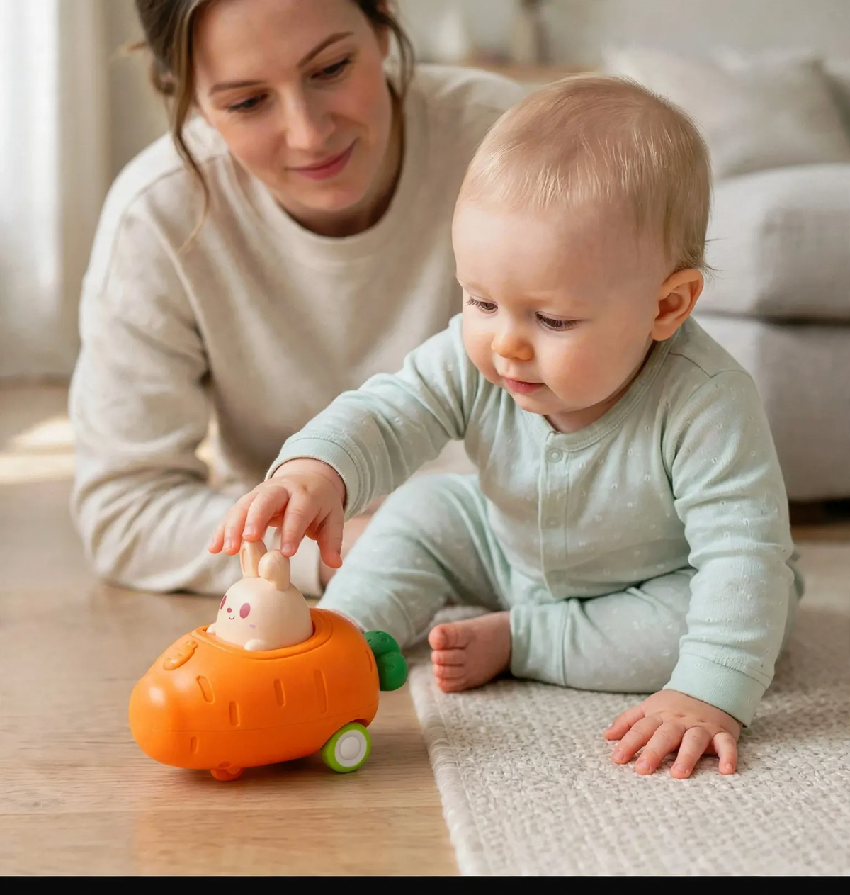 Baby pressing the bunny on an bunny press & go while mom watches nearby