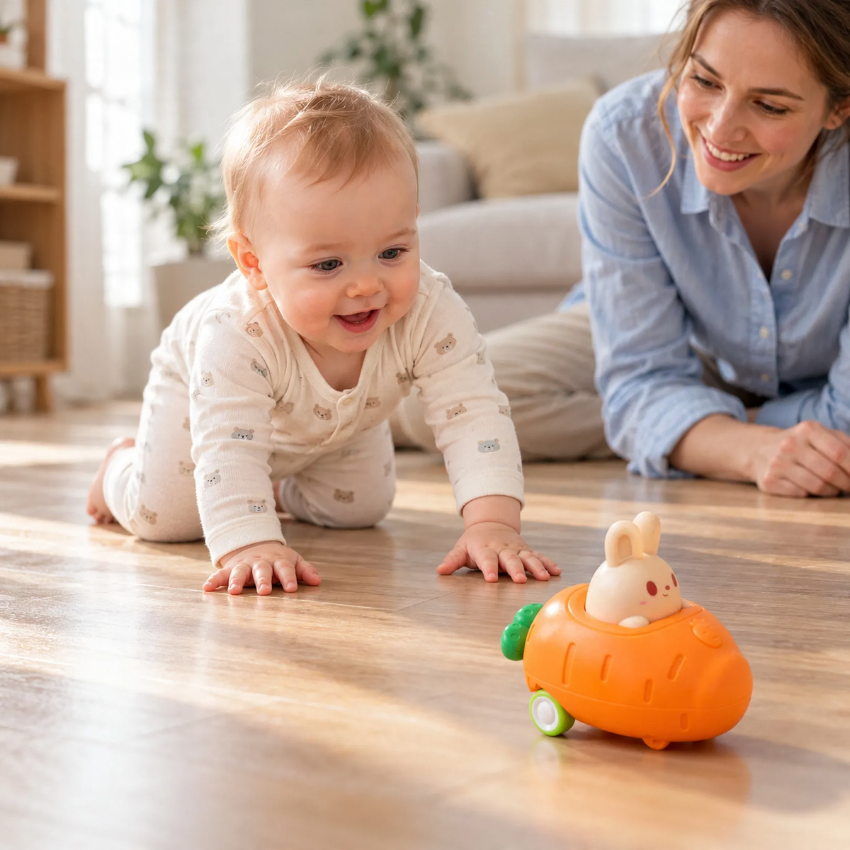 Baby crawling toward an bunny press & go car 