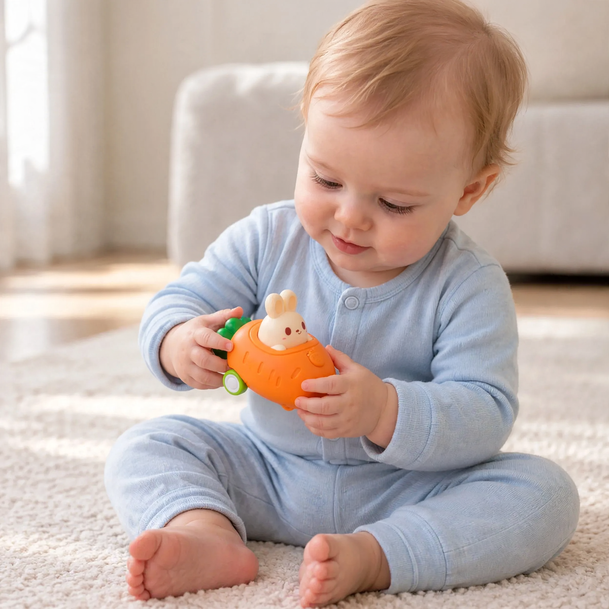 Baby holding an bunny press & go car 