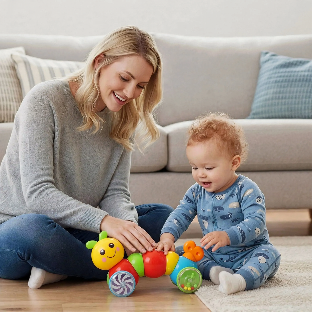 Mother pressing a caterpillar activity toy while baby watches