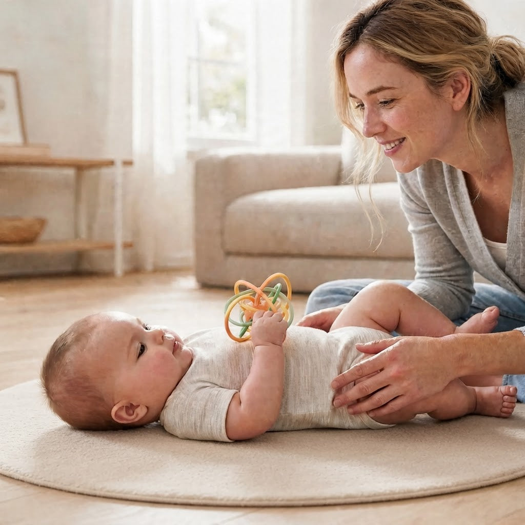 Baby reaching for and holding a soft sensory ball while playing with a parent.