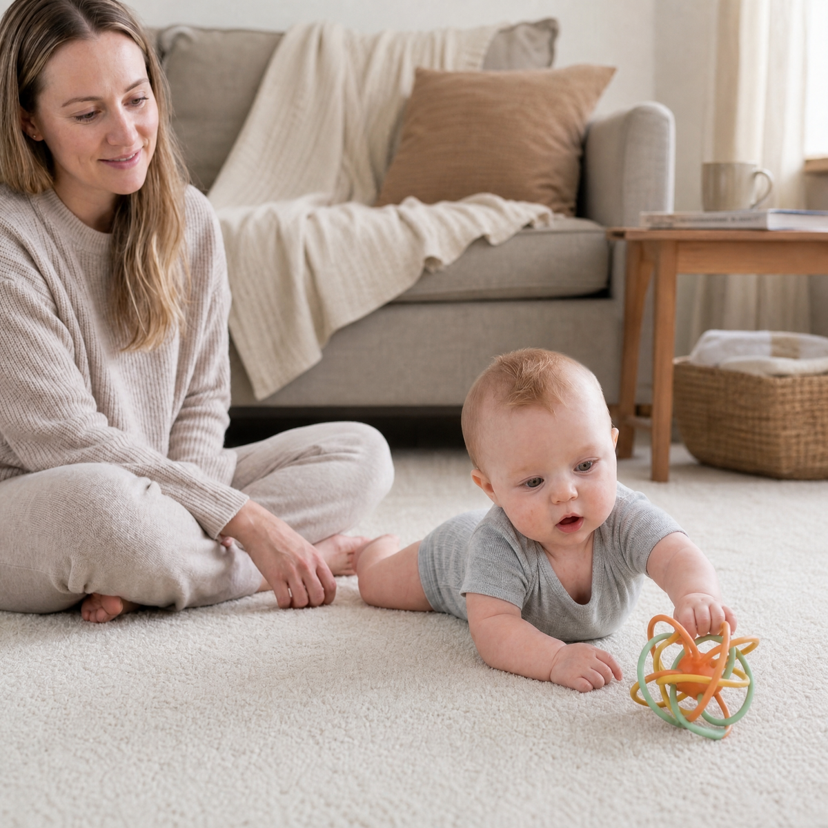 Baby reaching through the open crossed loops of a sensory ball from the side