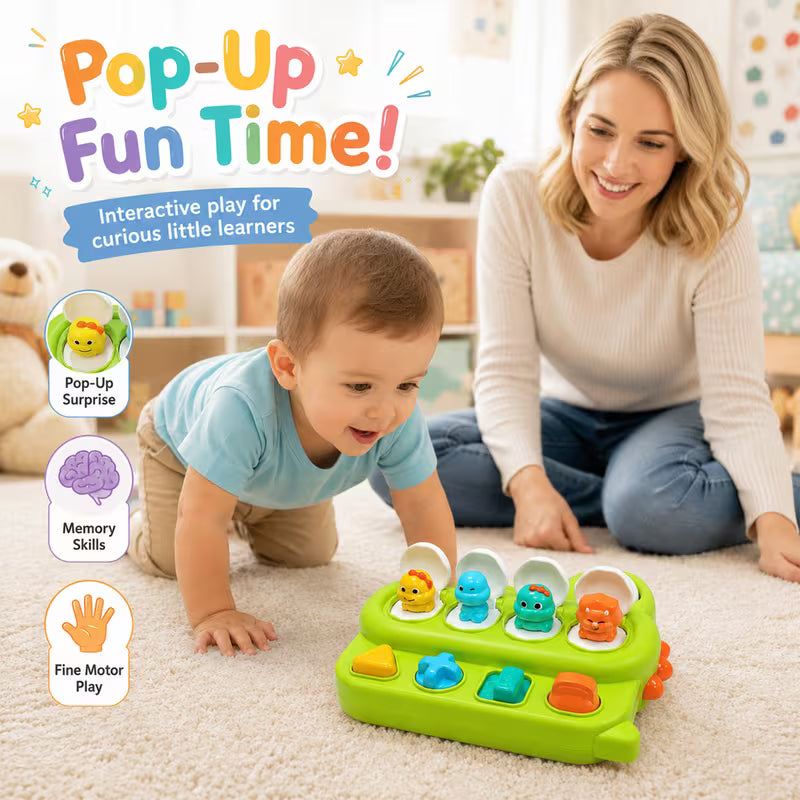 Toddler  looking at the Dinosaurs Pop-Up Toys