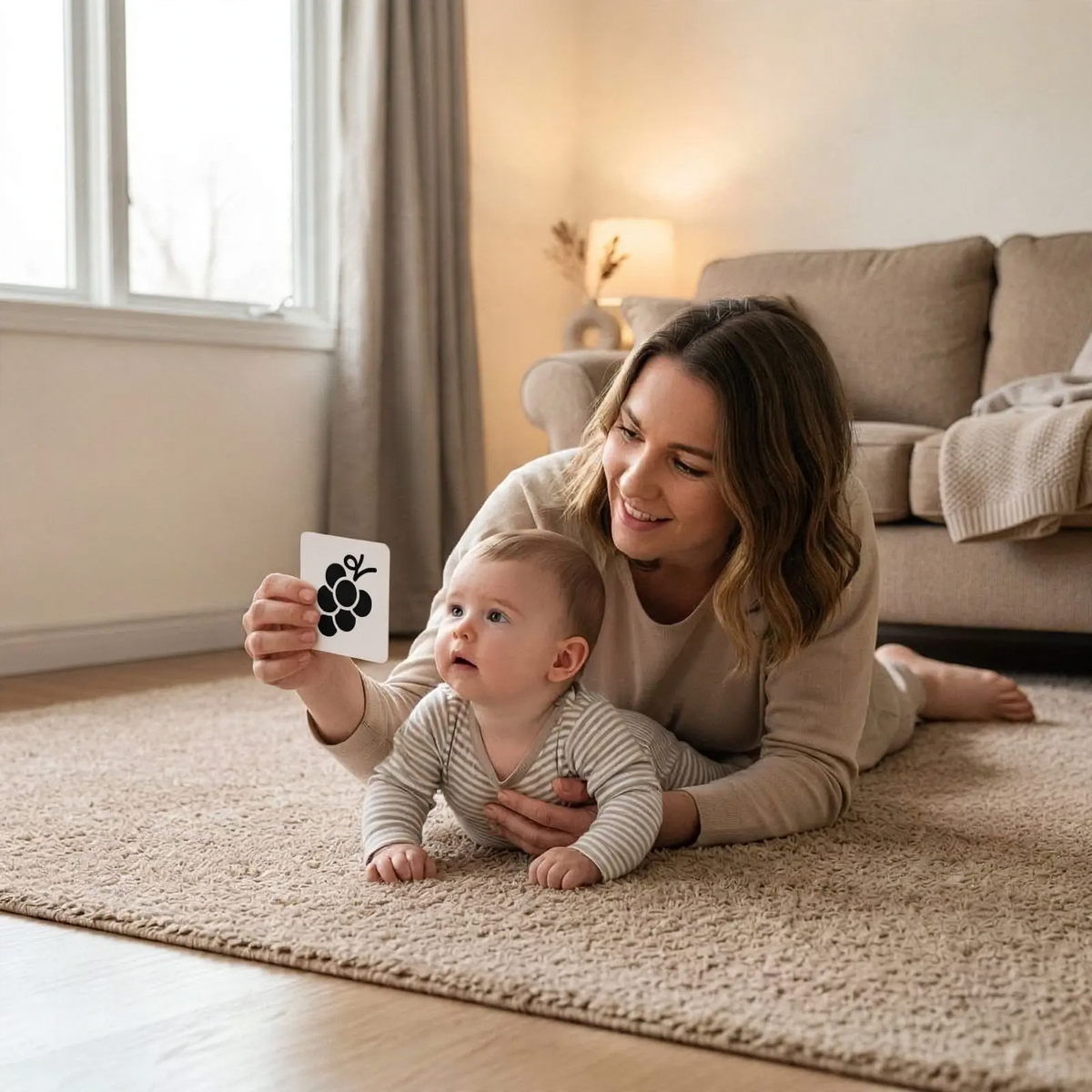 Baby following a black and white visual card