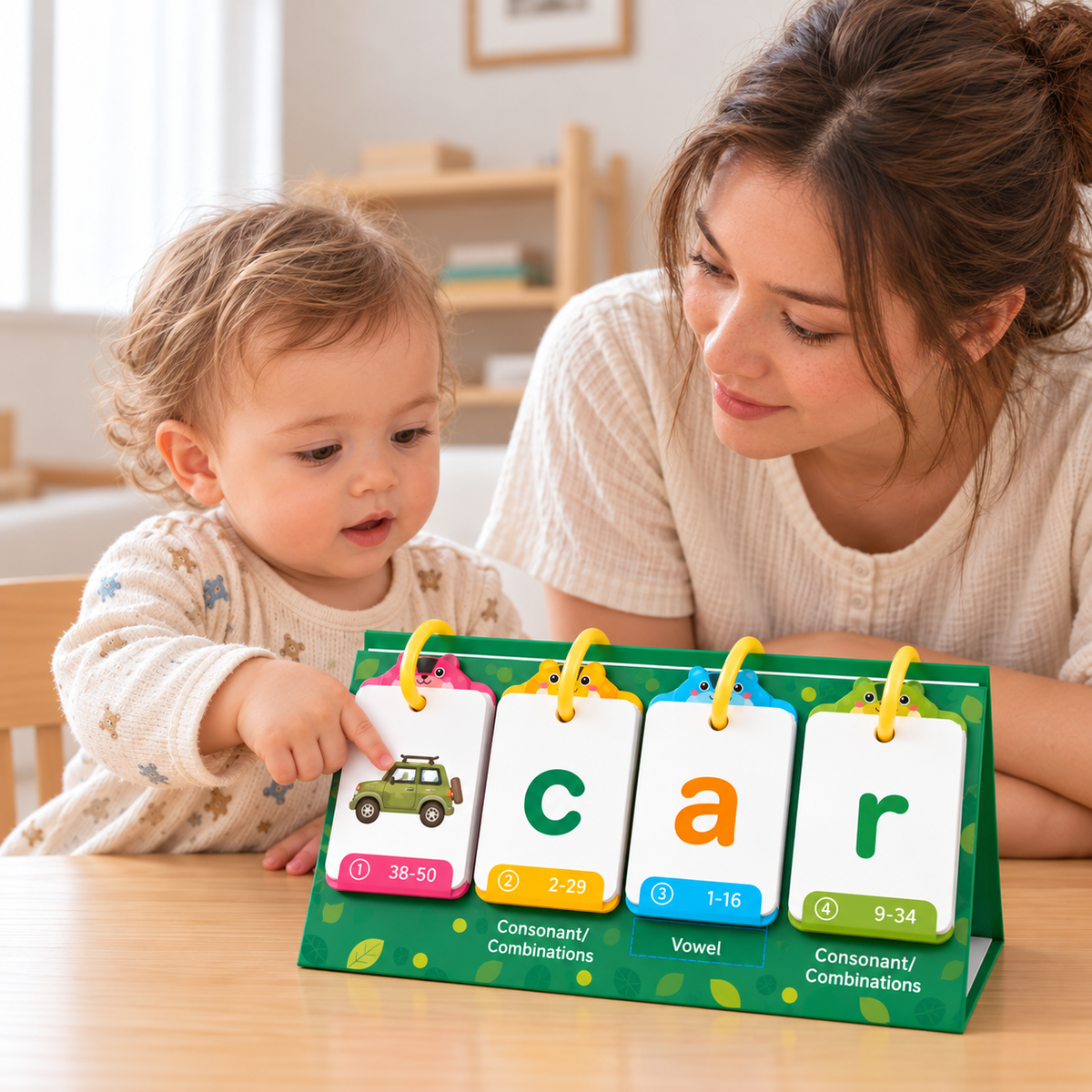 Toddler looking at a picture card on the Flip & Spell Phonics Cards 