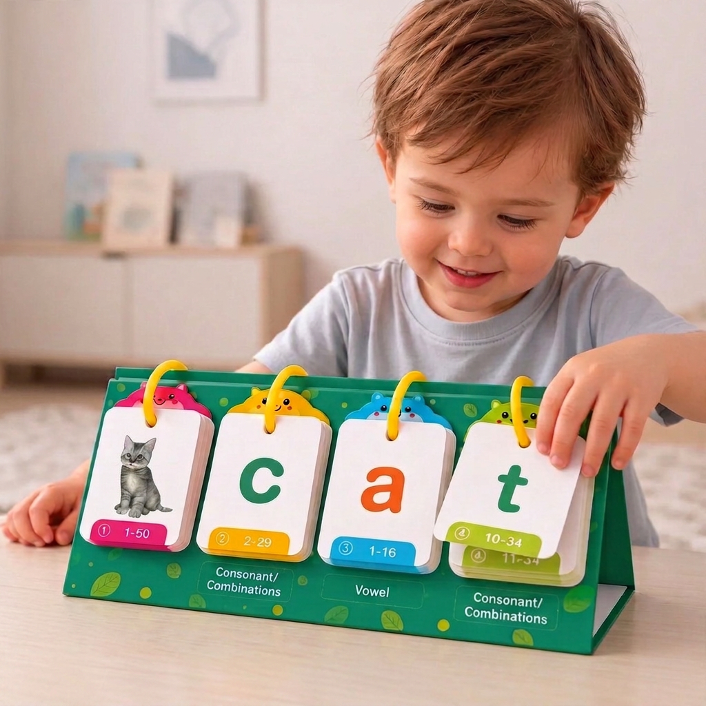 A toddler flipping through the cards on the Flip & Spell Phonics Cards