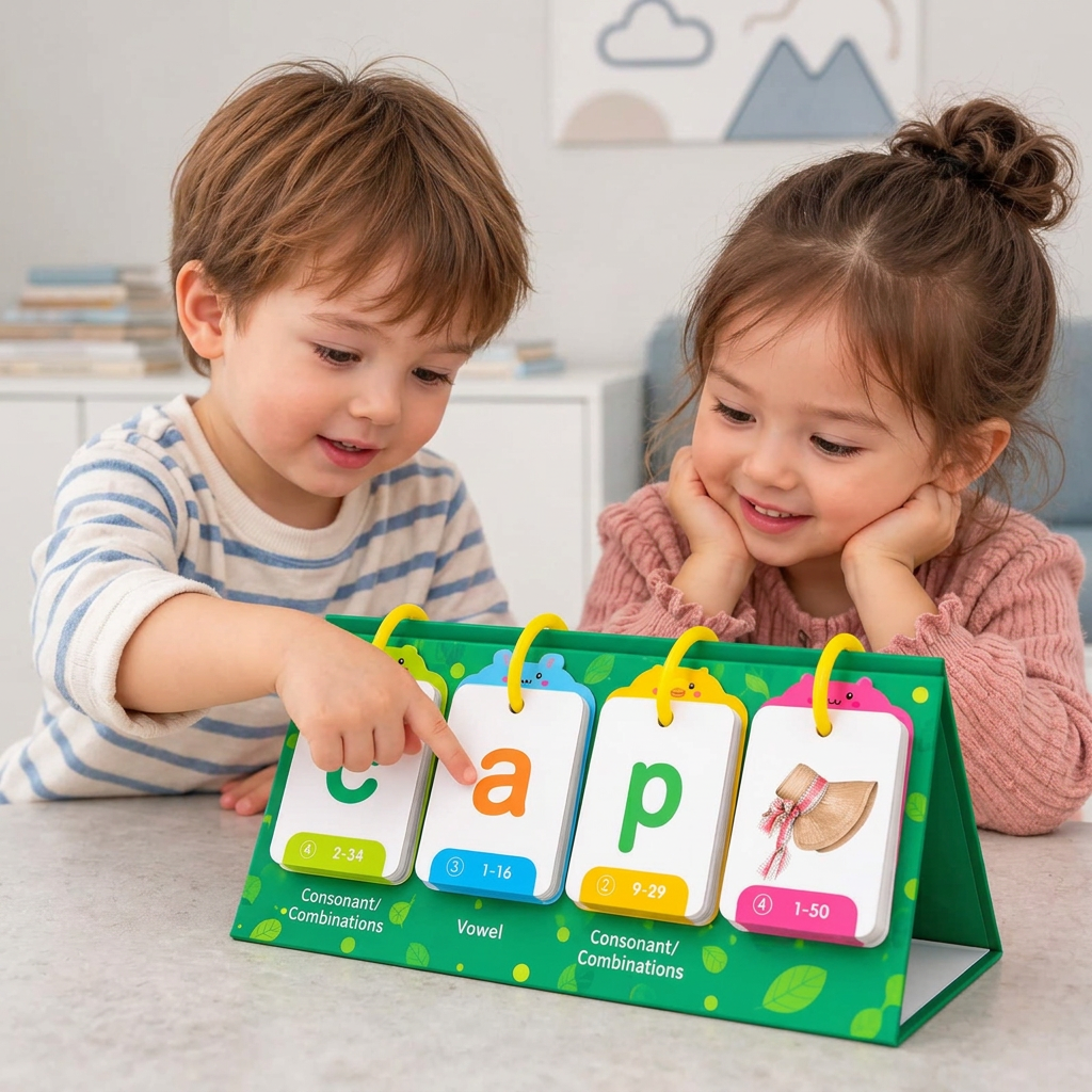 Two children playing together with the Flip & Spell Phonics Cards.