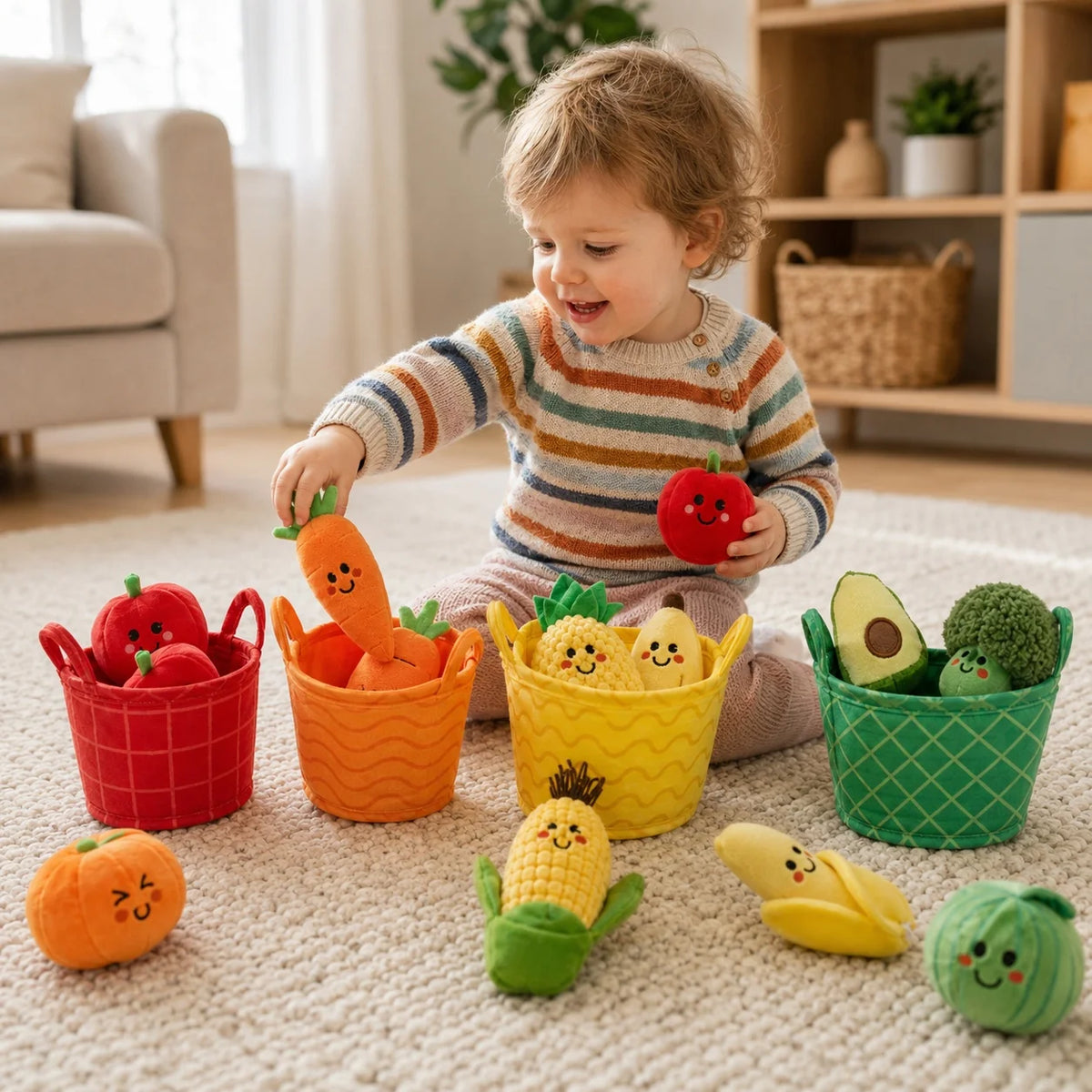Baby putting a carrot in the basket