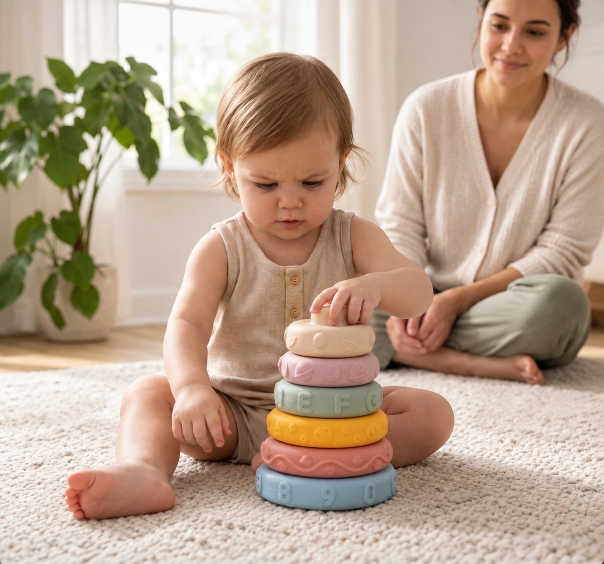 Toddler exploring a ring stacking toy while a parent watches nearby