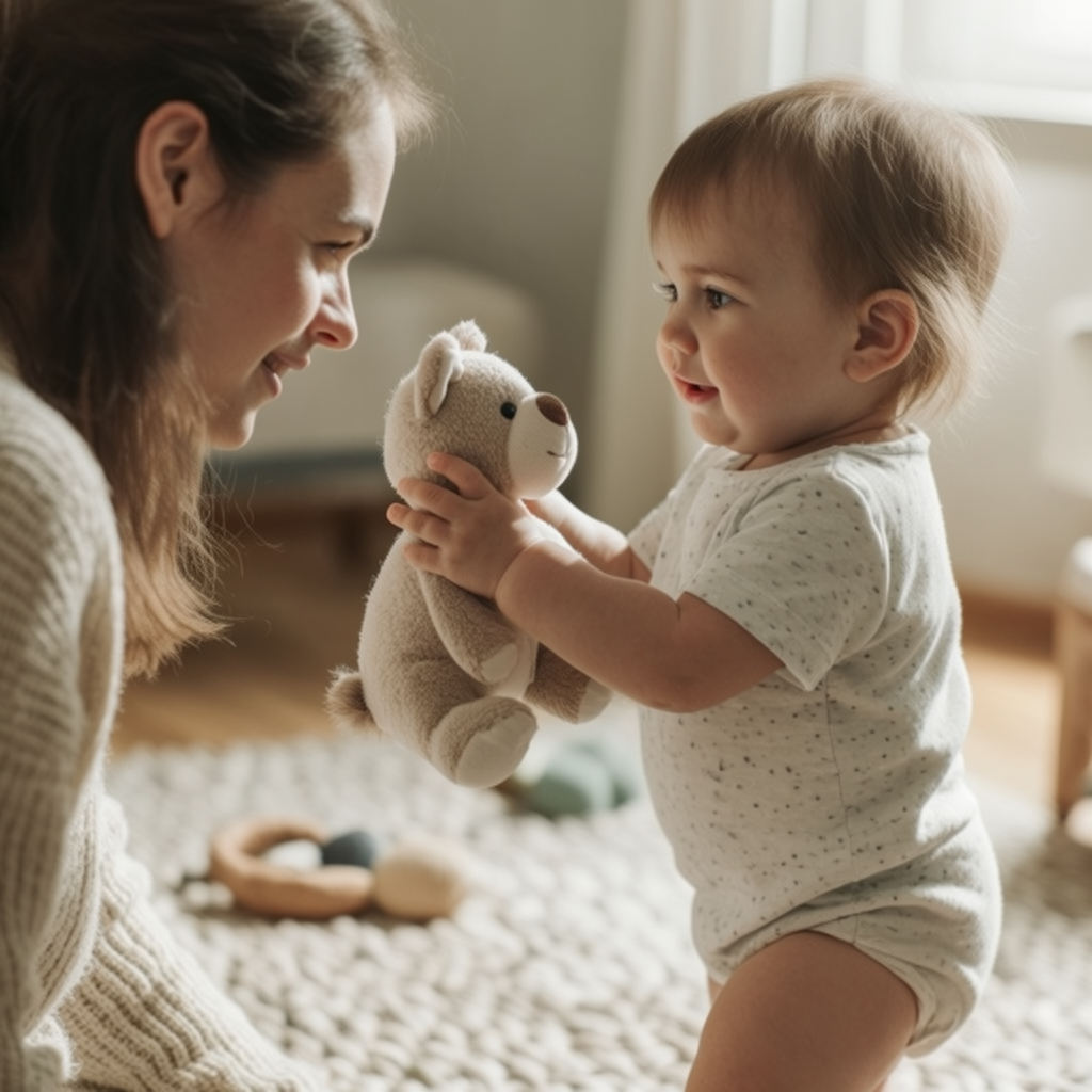 Toddler bringing a stuffed animal to a parent to share and connect