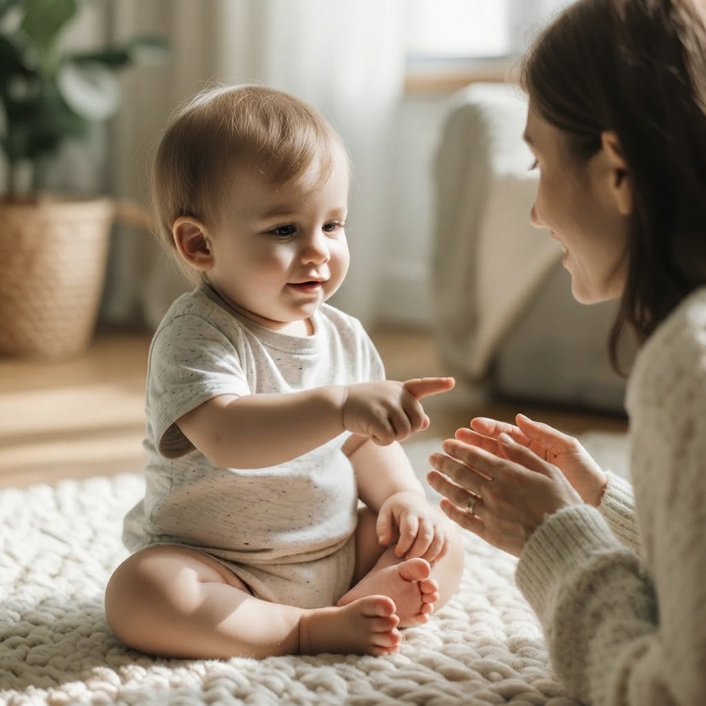 Toddler pointing at a toy while interacting with a parent
