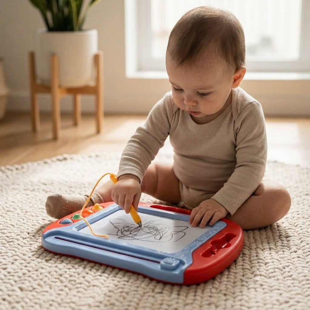 Toddler sitting on the floor and drawing on a magnetic drawing board