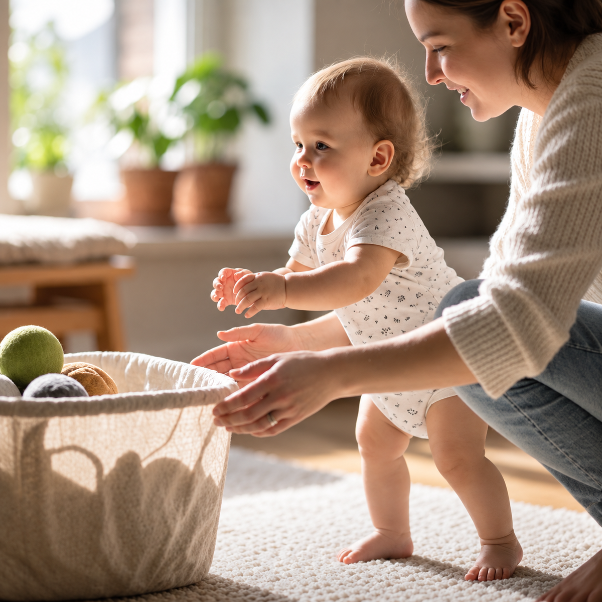 Toddler walking independently while carrying a stuffed toy toward a storage basket 