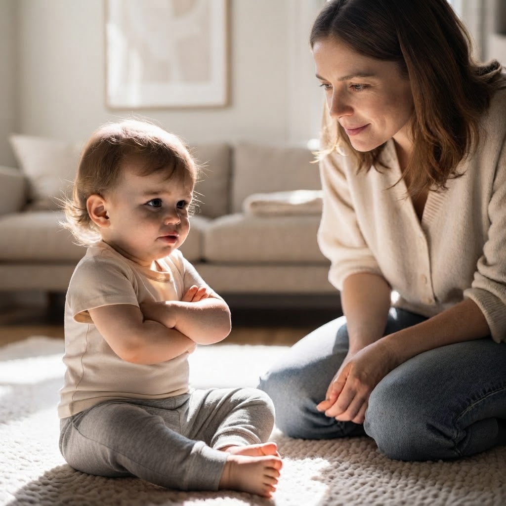 Toddler expressing emotions with mother nearby