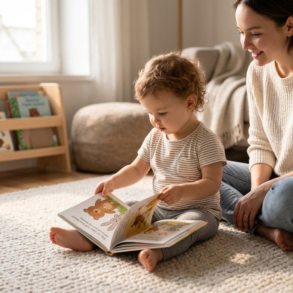Toddler turning the pages of a book independently