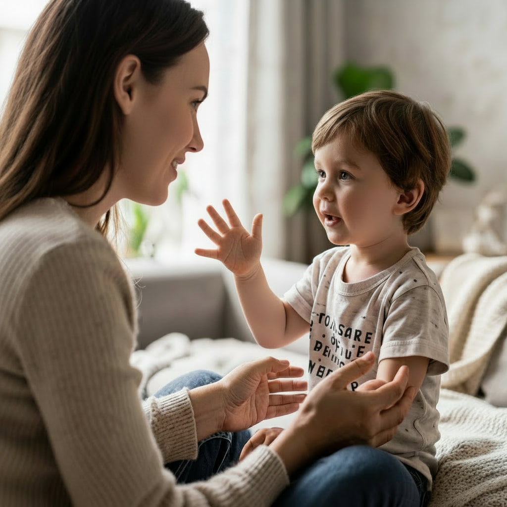 Toddler speaking with mother