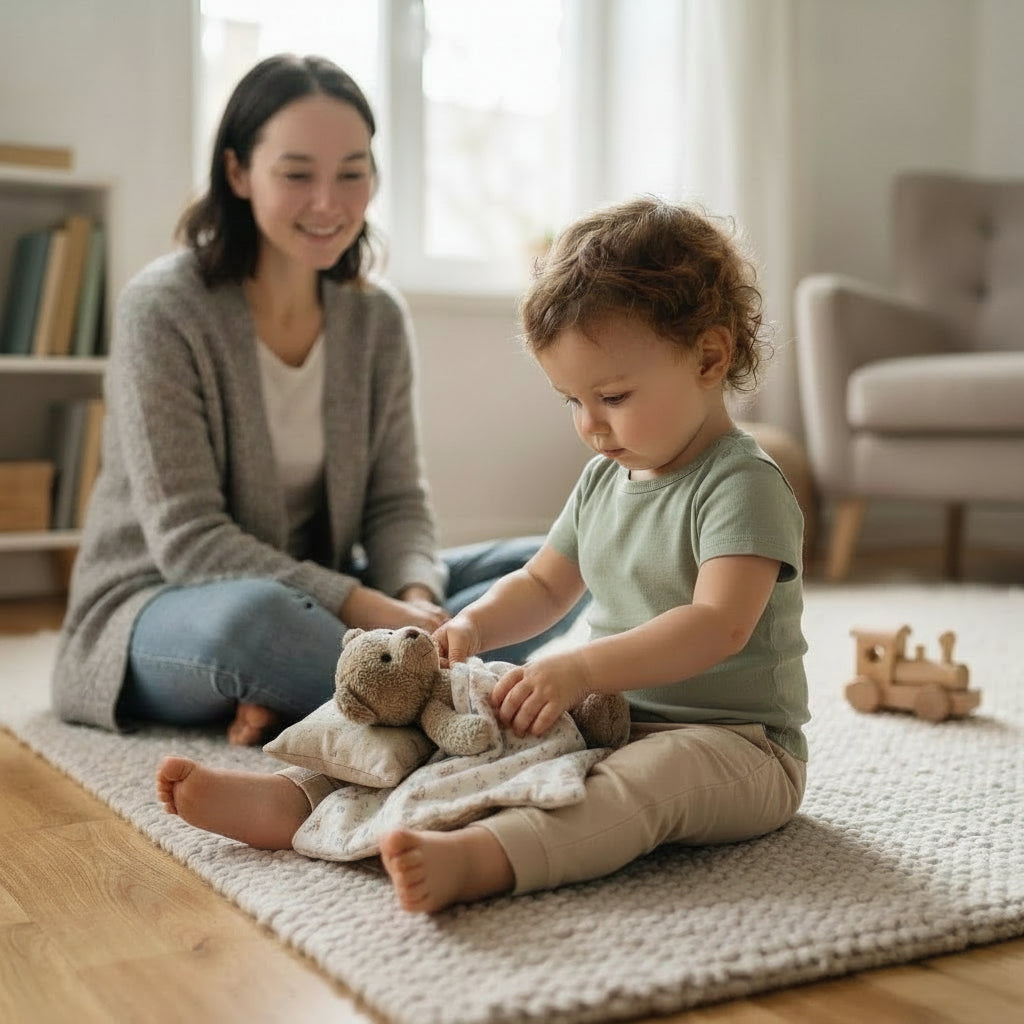 Toddler pretending to put stuffed bear to bed