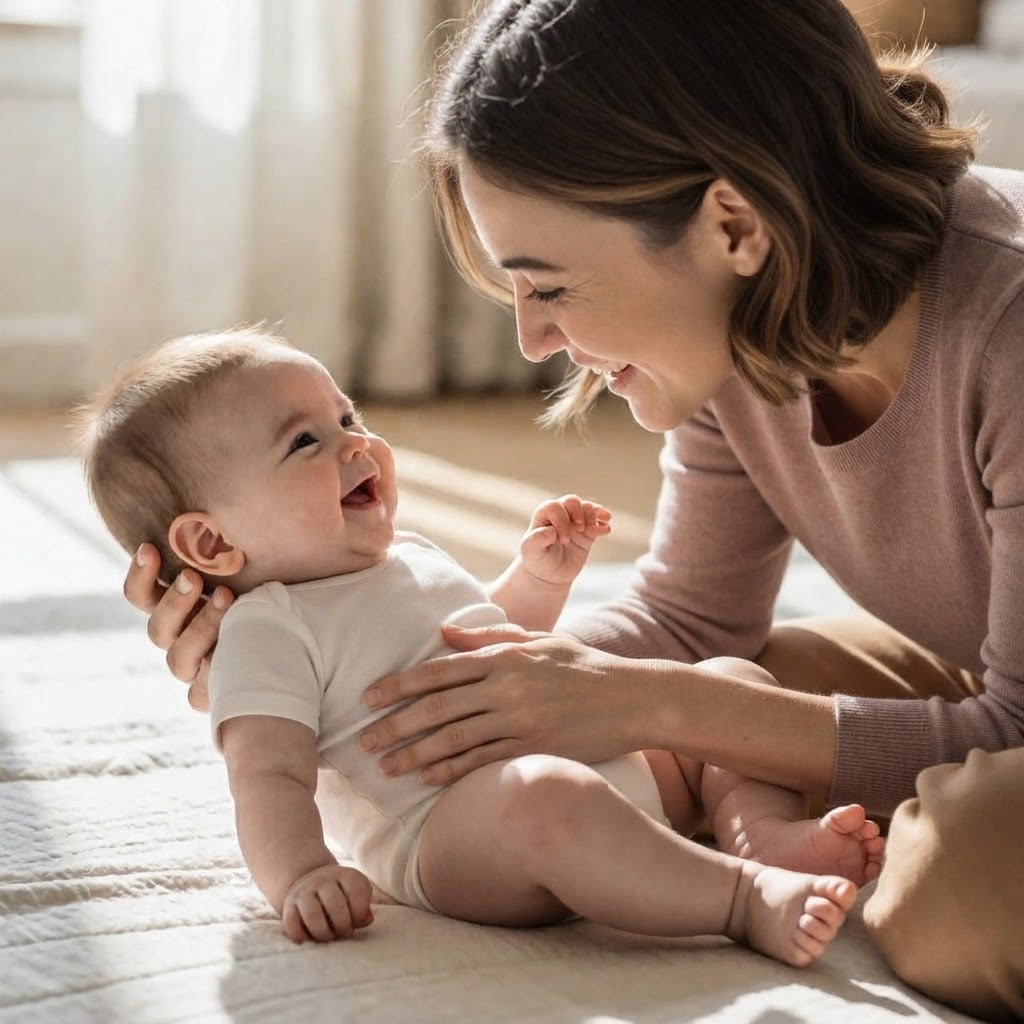 Baby smiling and laughing with a parent during playtime