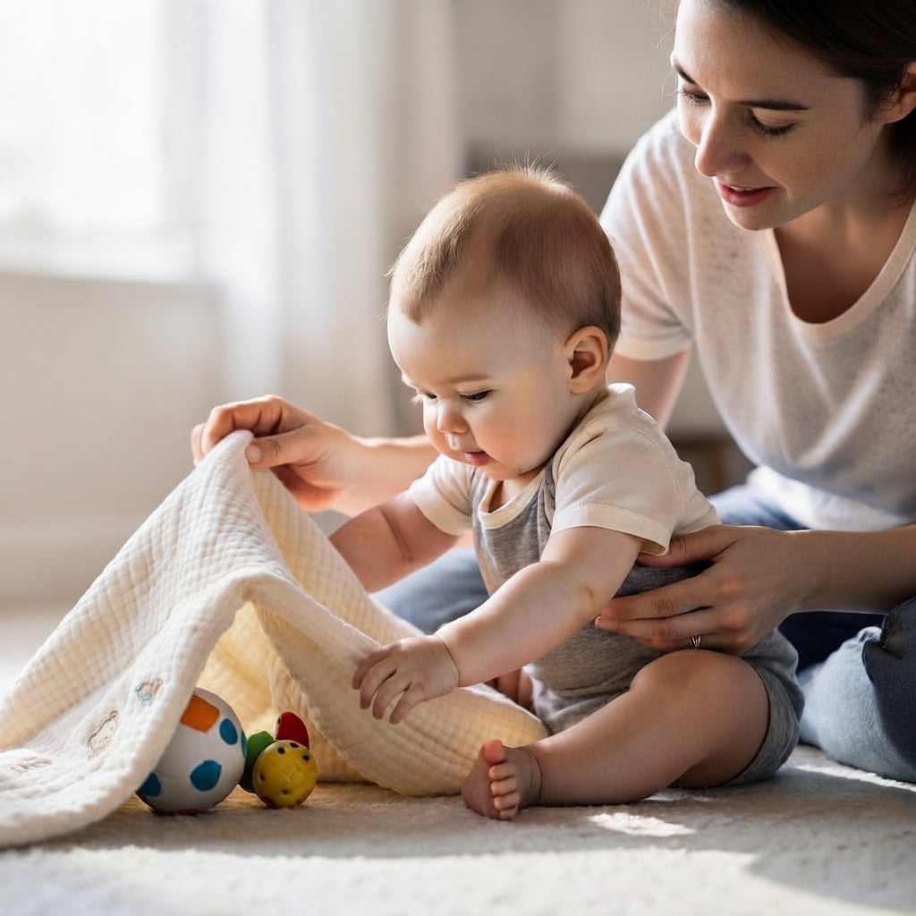 Baby babbling and gesturing with mother