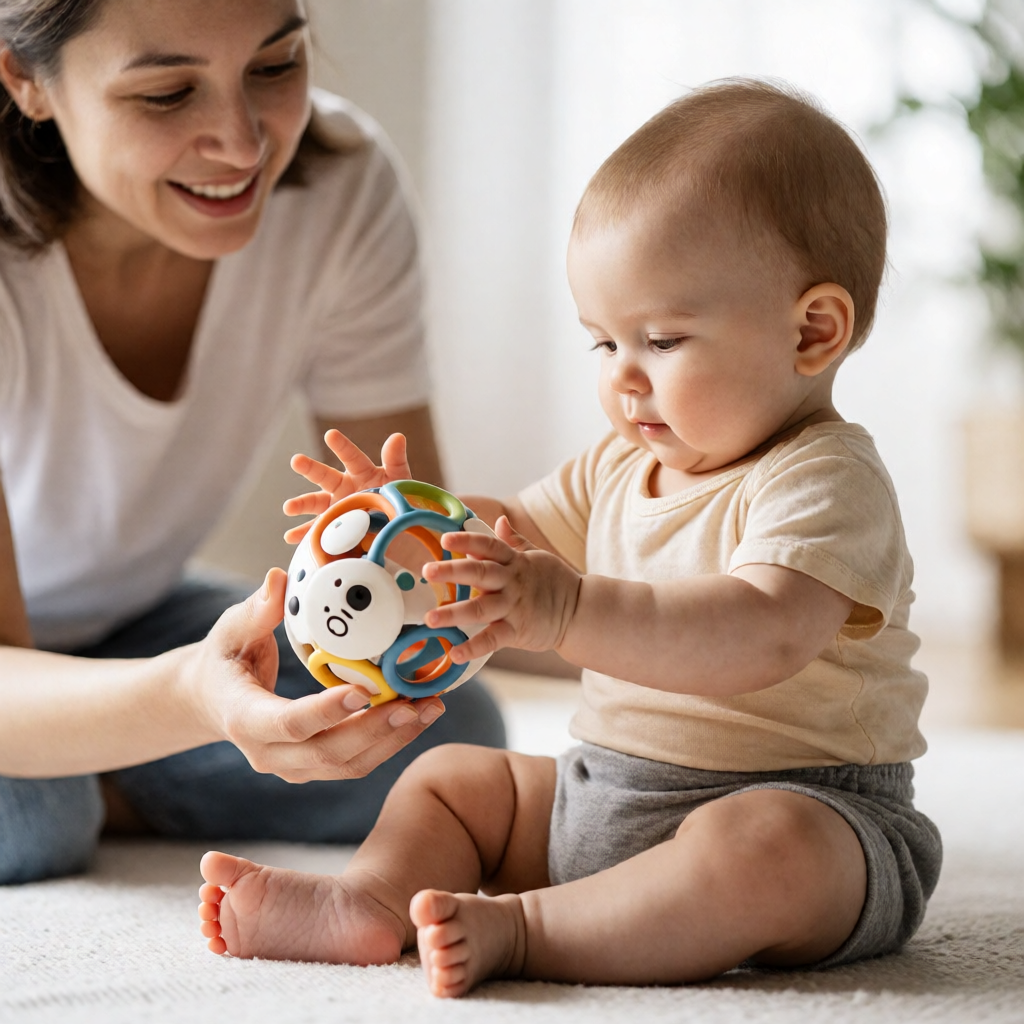 Baby exploring a sensory ball with both hands