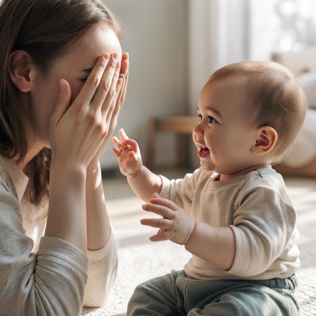Baby playing peek-a-boo with mother