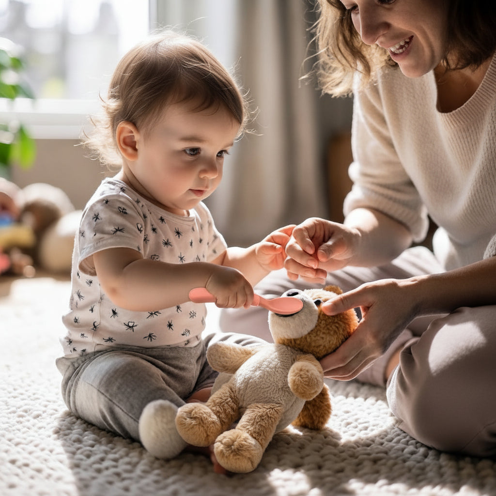 Toddler feeding a bear with a spoon