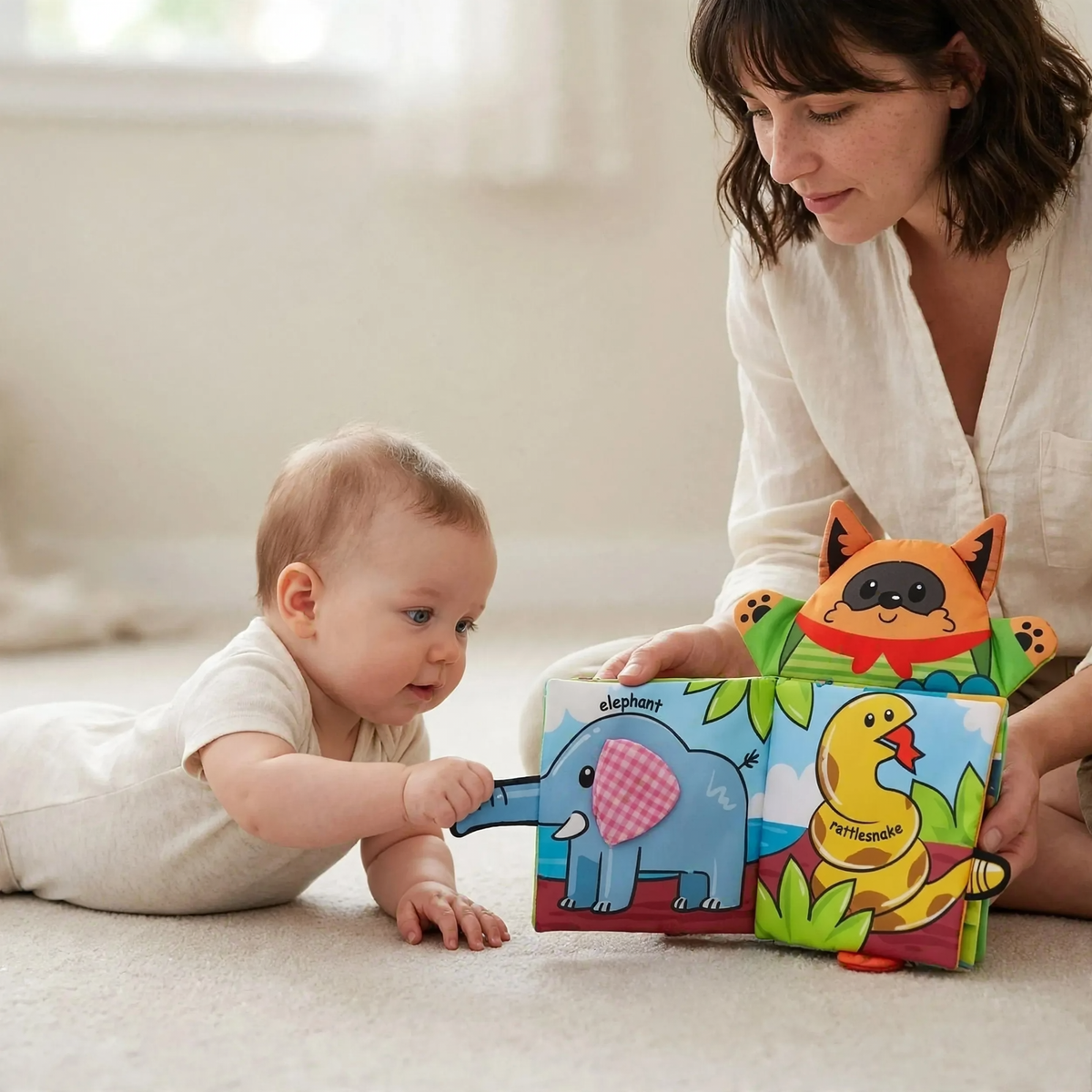 Baby reaching for an elephant trunk on a jungle cloth book during tummy time