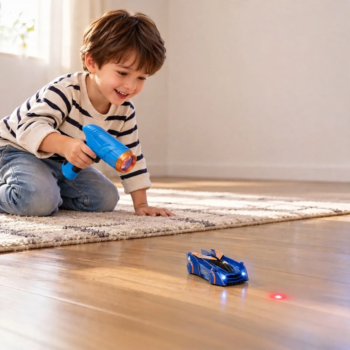 A boy uses a blue light controller to guide a blue wall climber car