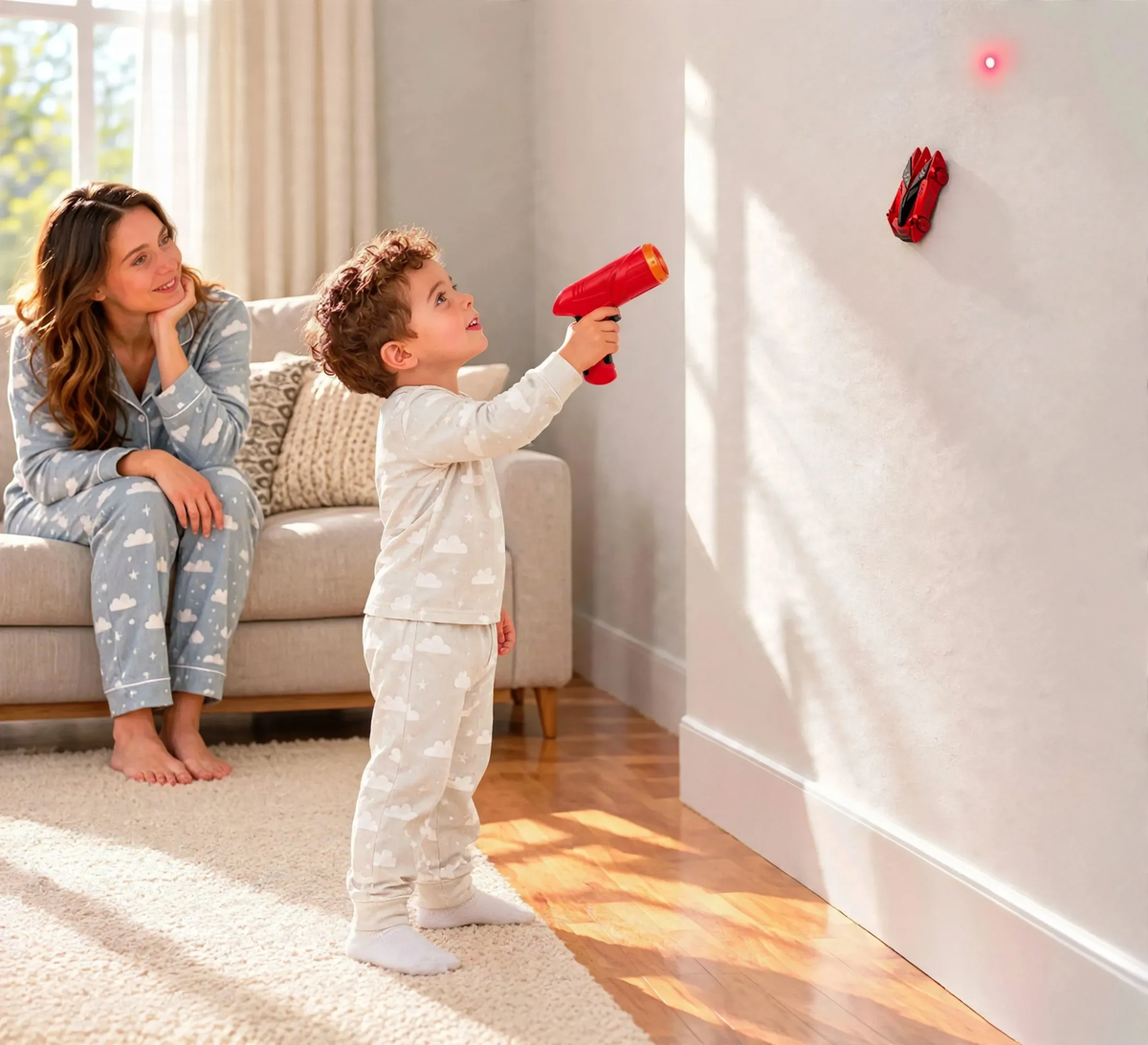 A young boy points a red light controller toward a red wall-climbing toy car while his mother watches nearby