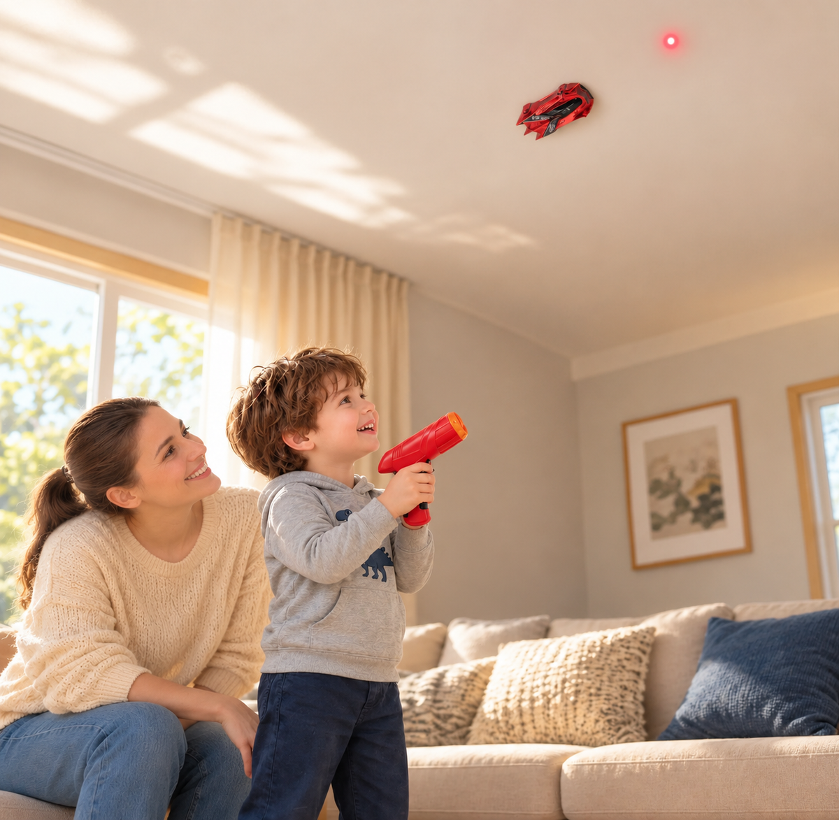 A young boy uses a red light controller to guide a red toy car across the ceiling 