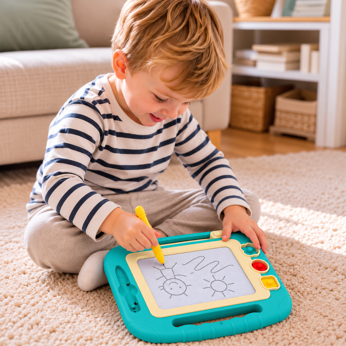 Baby is drawing on the magnetic drawing board 
