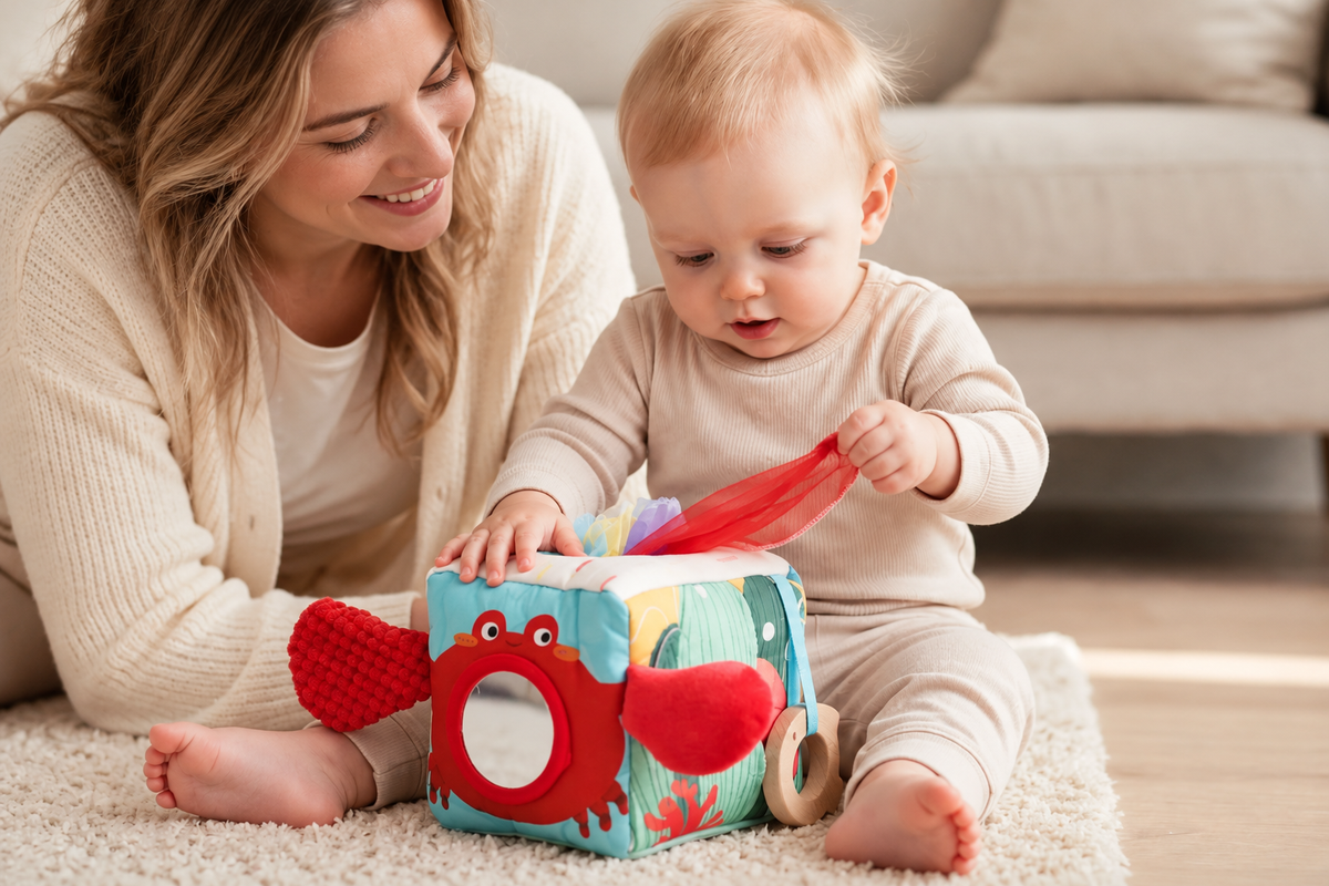 Baby pulling a colorful tissue from the box