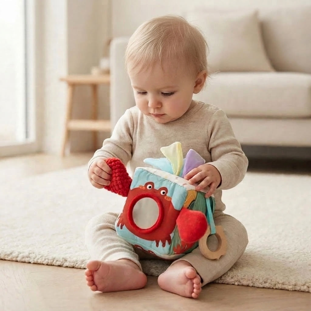 Baby touching and exploring Ocean Tissue Box 