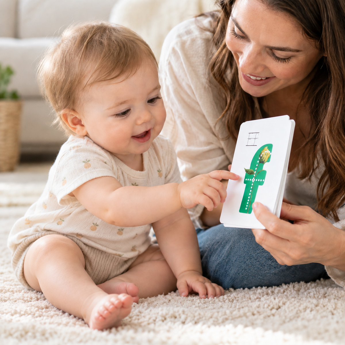 Baby reaching toward a colorful lowercase letter flash card held by mom