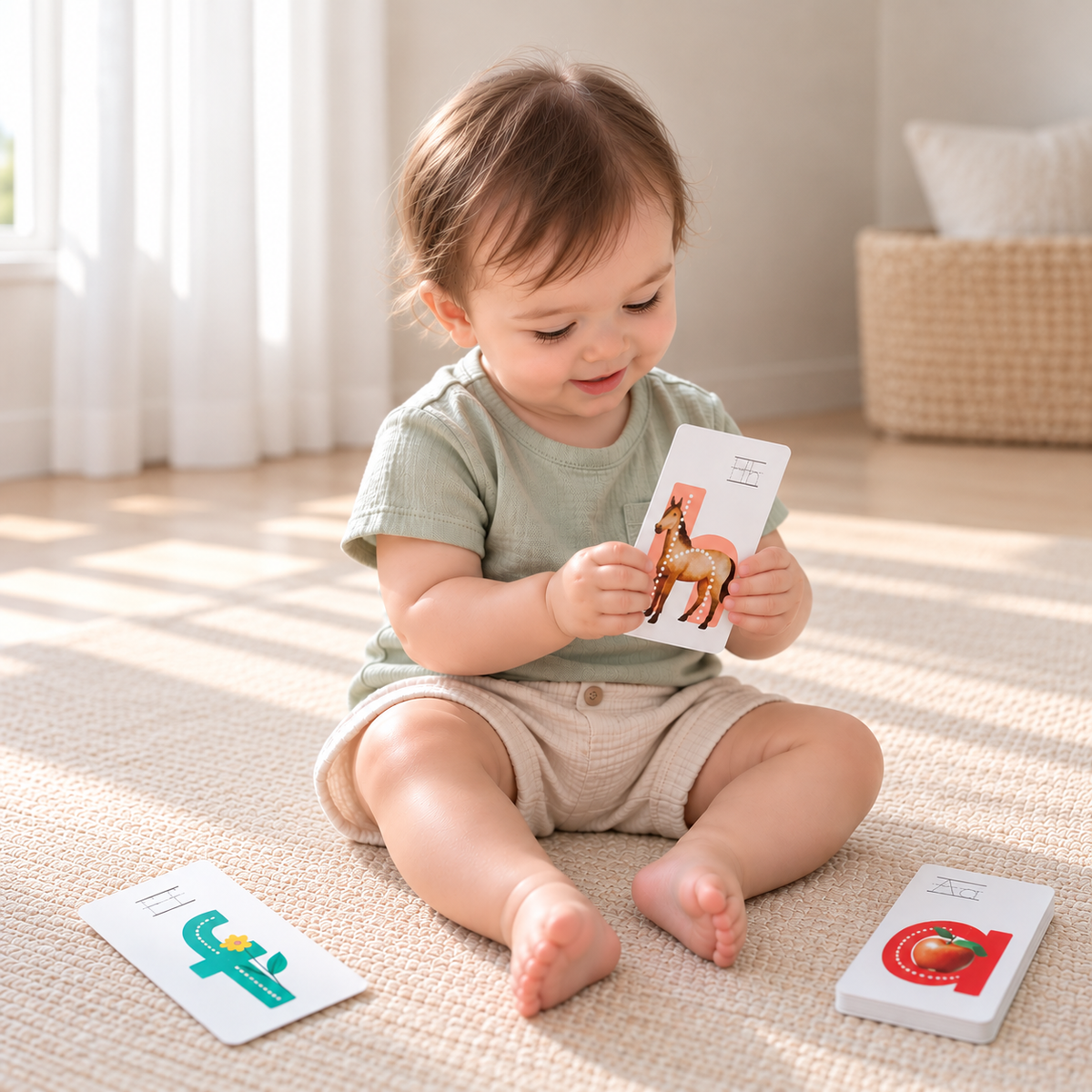 Baby sitting on the floor holding a lowercase h flash card 
