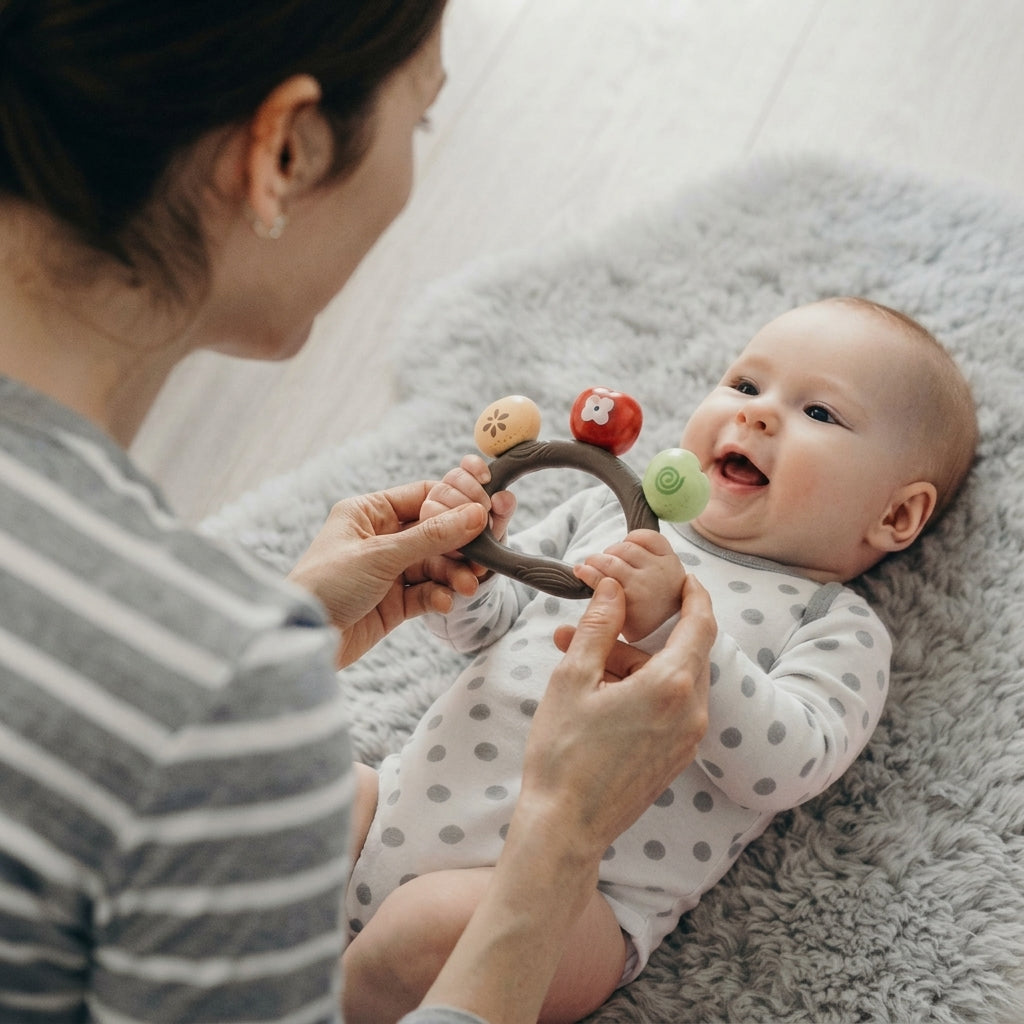 Baby grasping the rattle toy