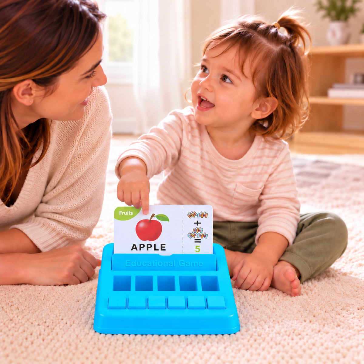 Toddler pointing to an apple picture card while playing with the Spelling & Math Activity Toy with her mother.