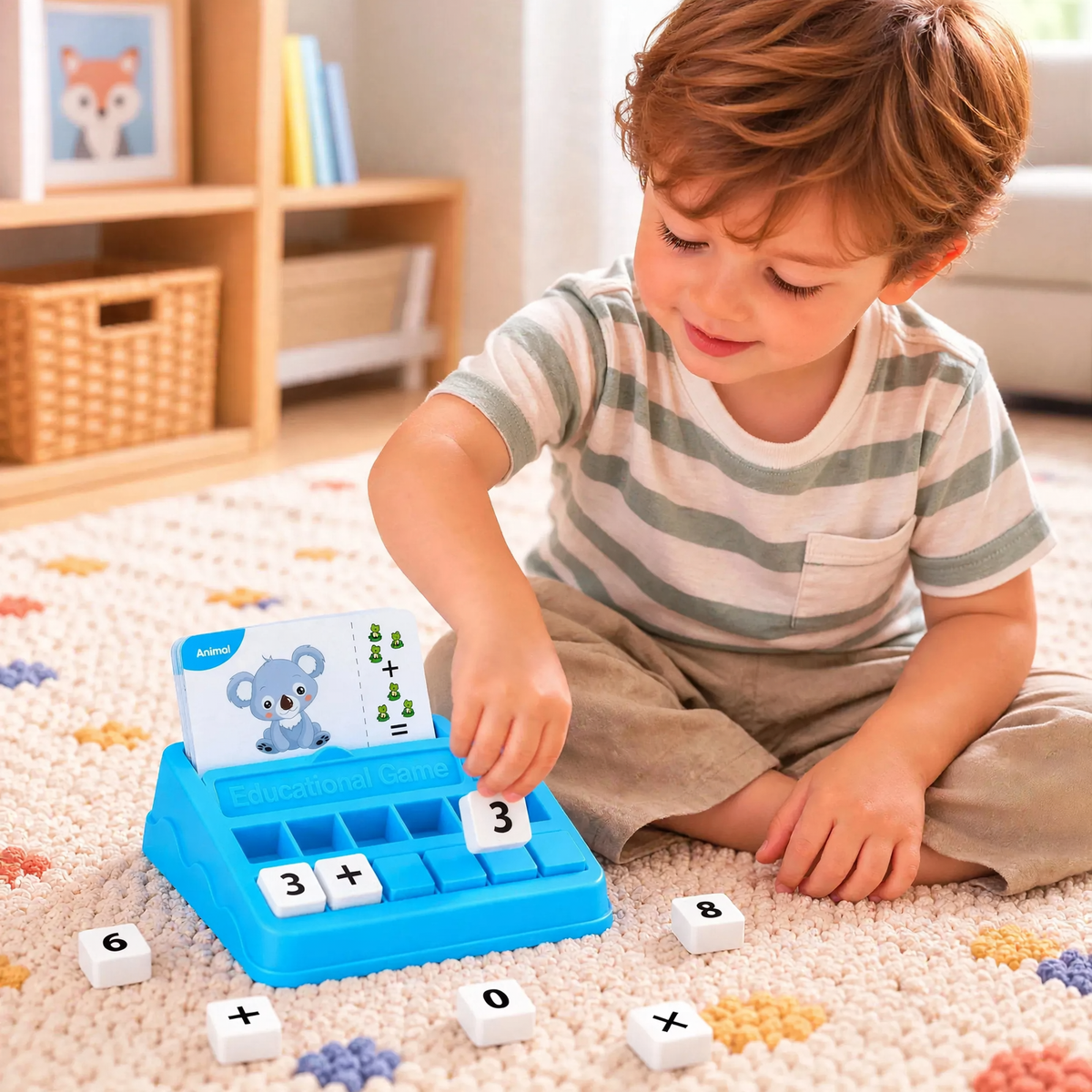 Toddler using number blocks with a koala math card on the Spelling & Math Activity Toy.