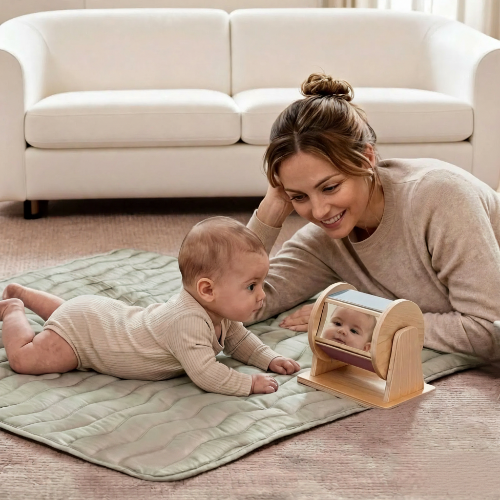 Baby practicing tummy time and looking at their reflection in a spinning sensory mirror drum 