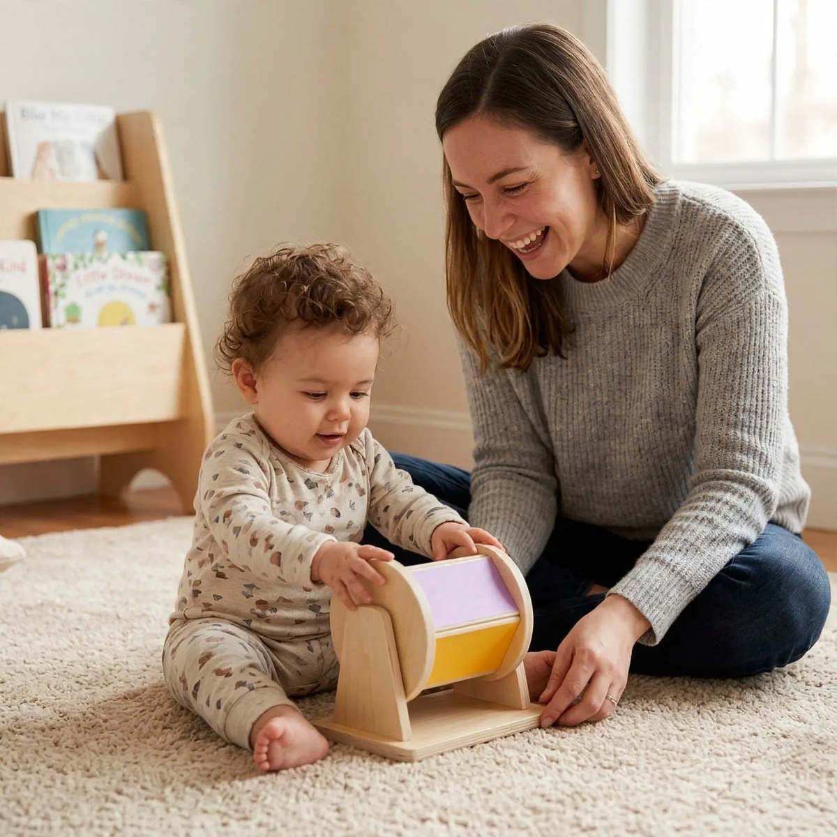 Baby pushing a spinning sensory mirror drum 