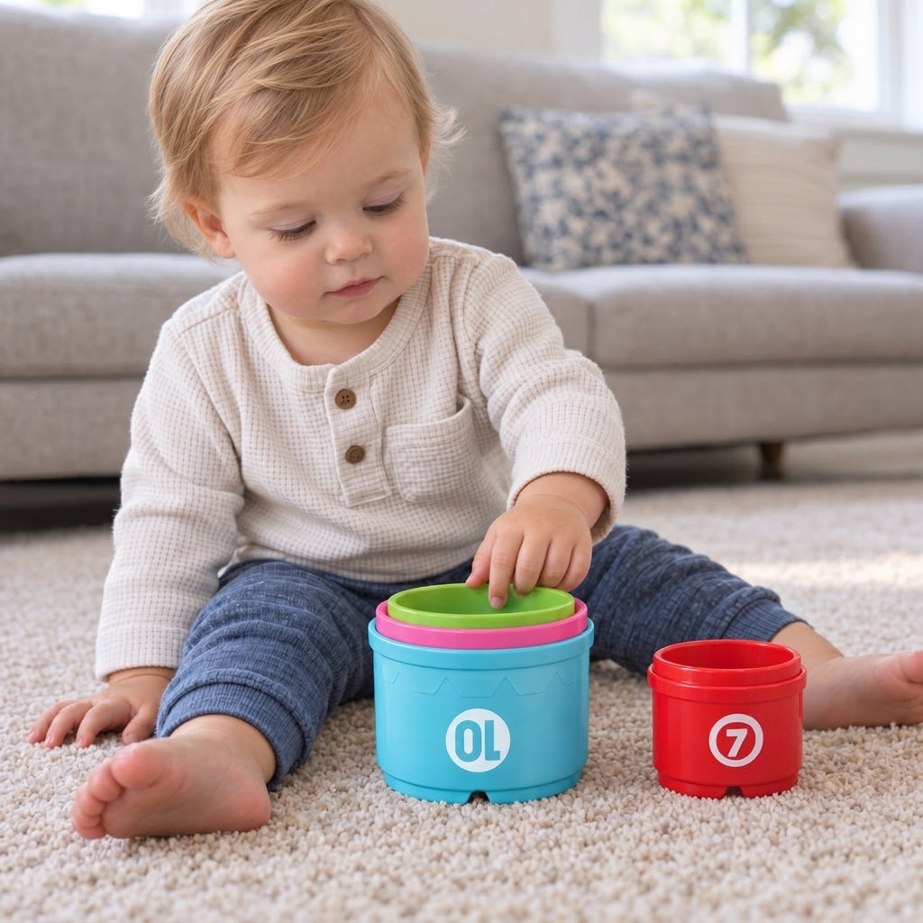 Toddler placing colorful nesting cups inside one another, exploring how different sizes fit together