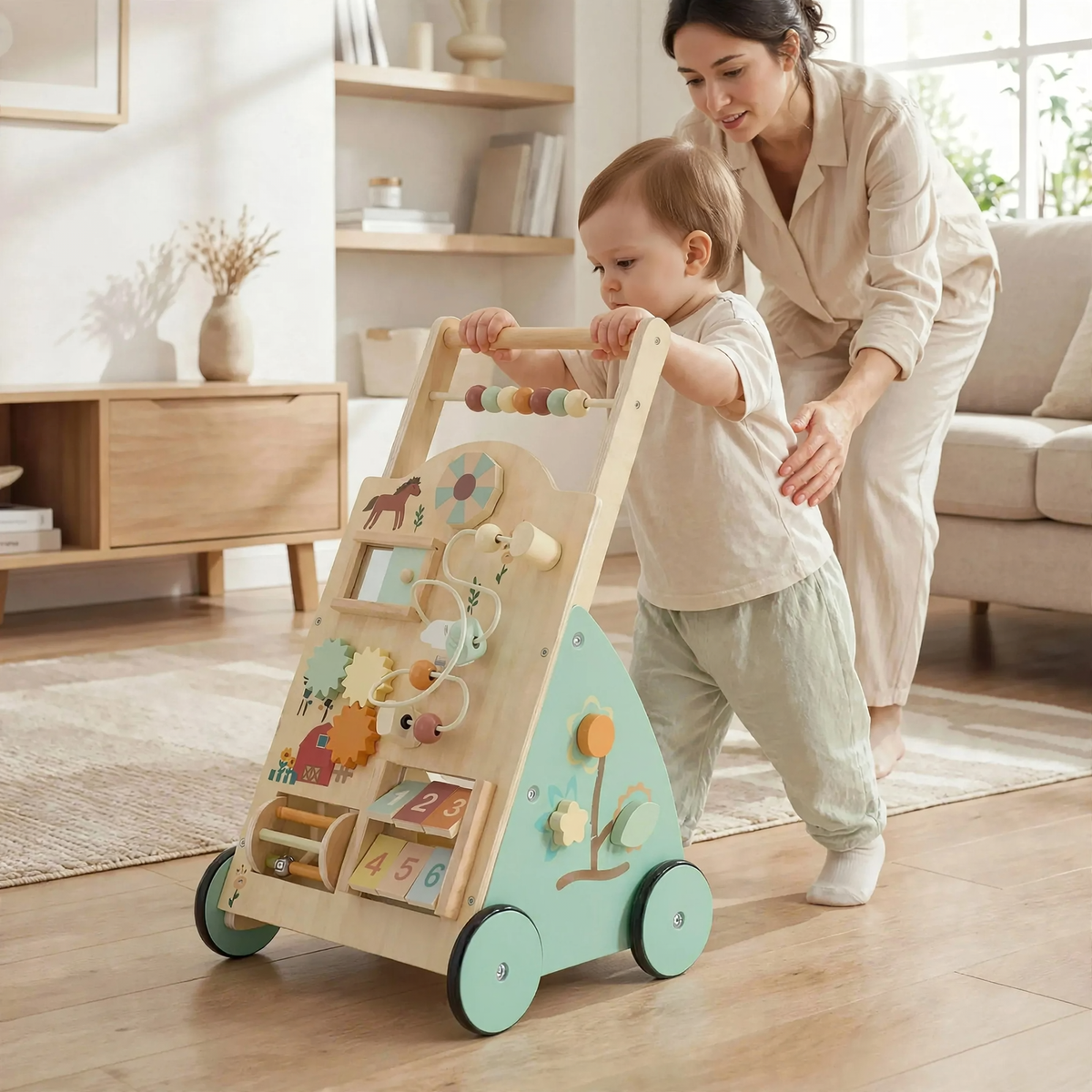 toddler pushing a wooden activity walker across the floor